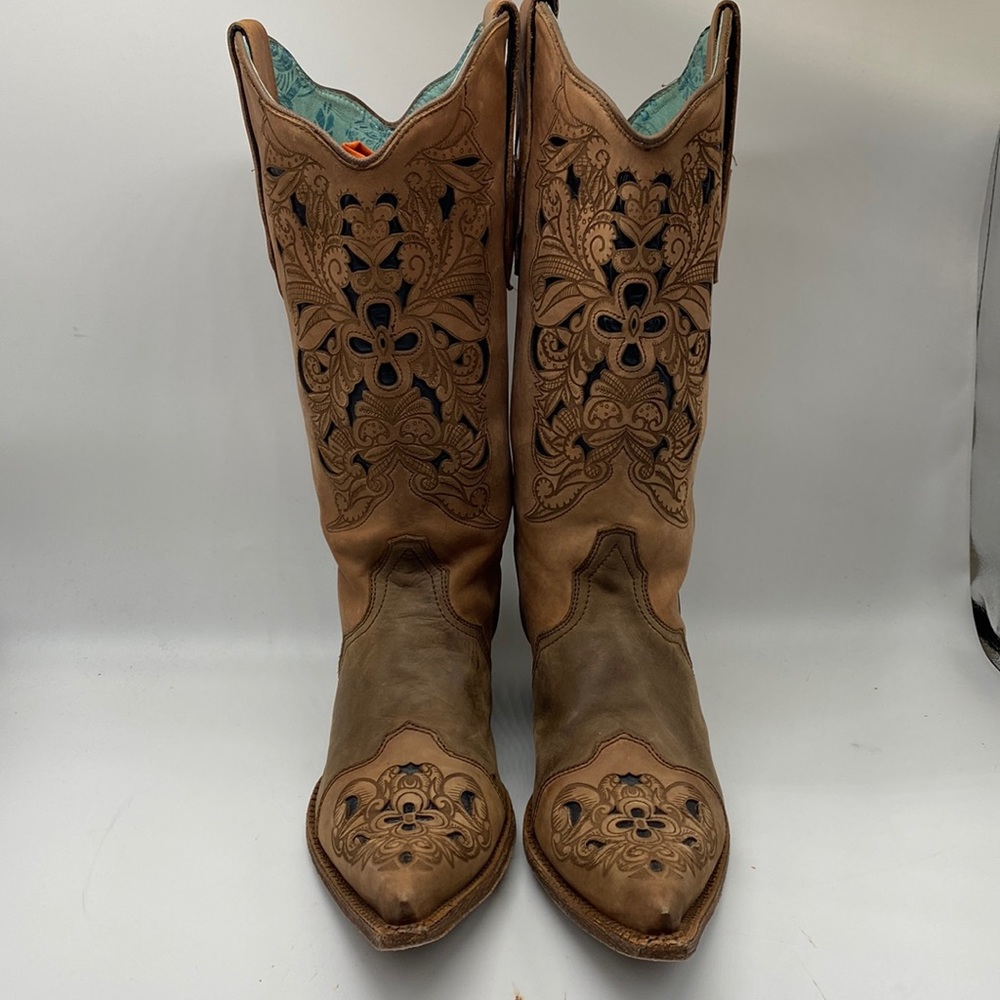 CORRAL Cowgirl Western Laser Tooled Snip Toe Boots Size 10M - Picture 1 of 14